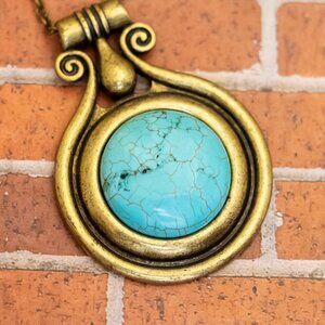 30 inch, Vintage Blue Circular Stone Abstract Wavy Necklace - W25